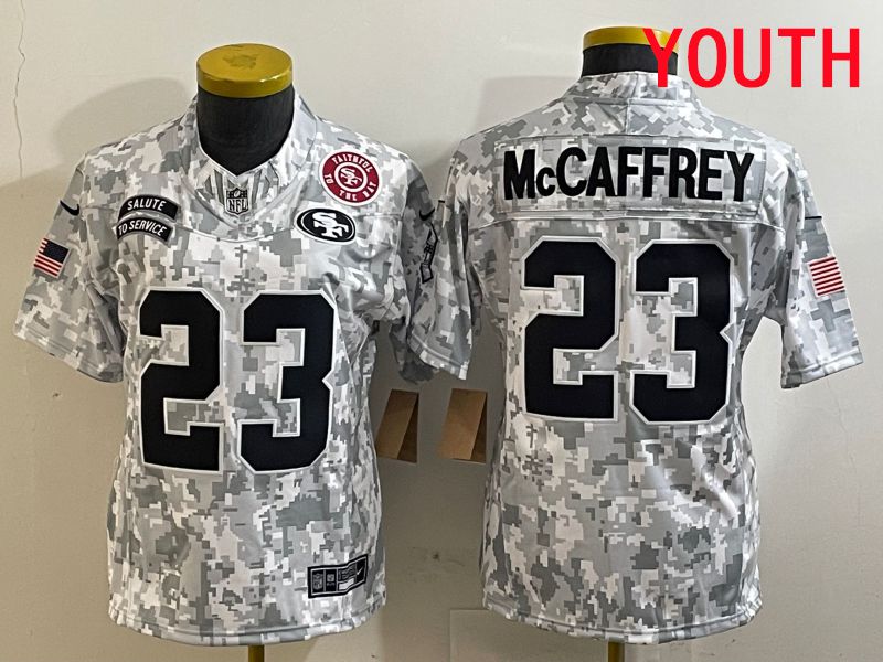 Youth San Francisco 49ers #23 Mccaffrey Nike Arctic Camo 2025 Salute to Service Limited NFL Jersey style 5